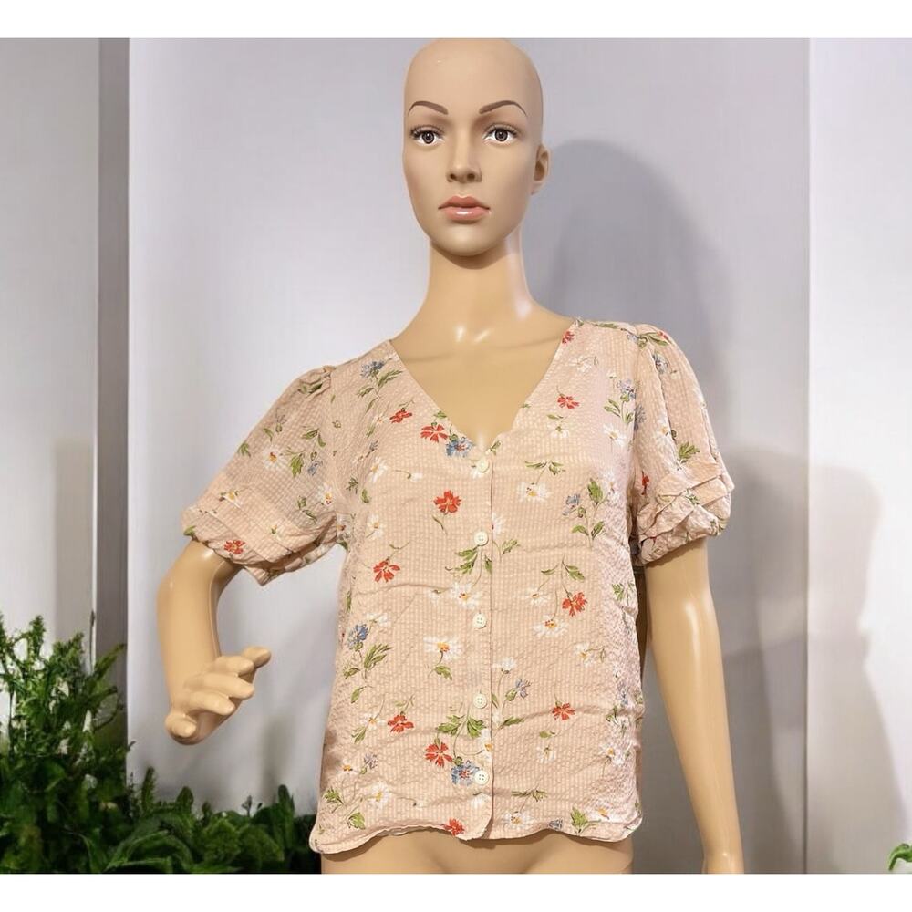 Madewell Women's Blush Pink Floral V-Neck Silk Blouse S Puff Sleeves-Cottagecore